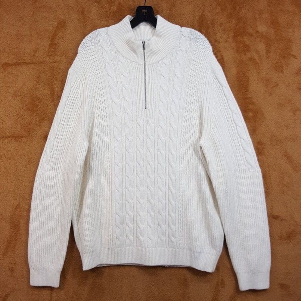 REISS Sweater Mens XXL Ivory Quarter Zip Cableknit Wool Cashmere Jumper ROSSO